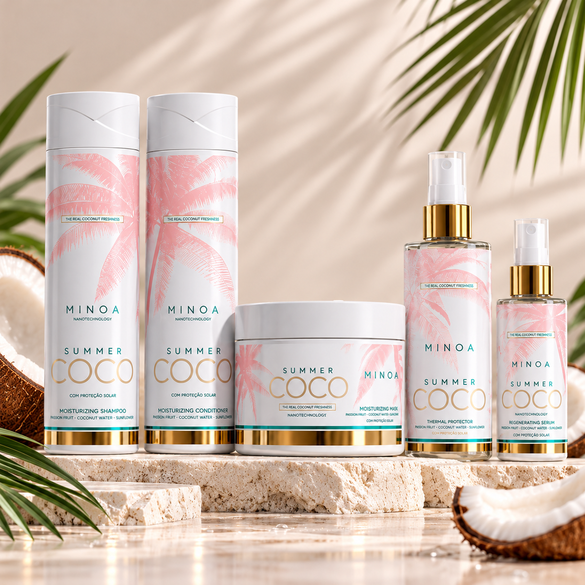Kit Summer Coco Hydratant - Shampooing 250ml, Après-shampooing 250ml, Masque 200g, Protecteur Thermique 120ml, Sérum 60ml